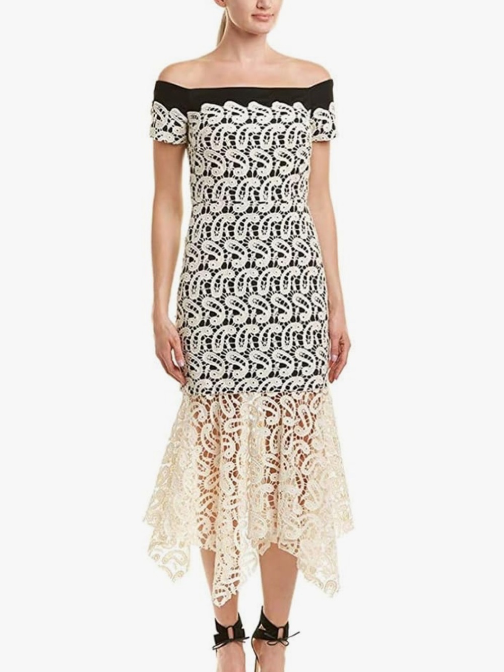Nicole Miller White/Black Paisley Lace Bardot Dress